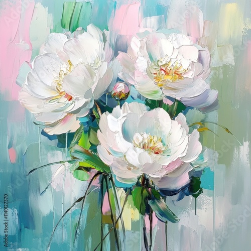 Abstract white flowers painting on canvas, palette knife oil paint, brush strokes, pastel blue background