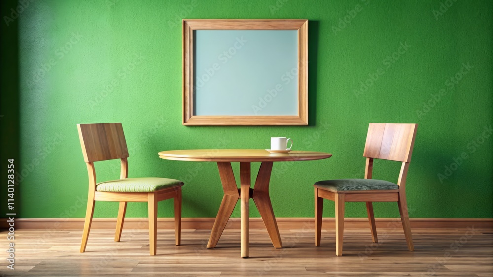 Rustic Wooden Tables & Chairs Green Wall Interior Design Close-Up Photo Rustic Wooden Tables & Chairs Green Wall Interior Design Close-Up Photo