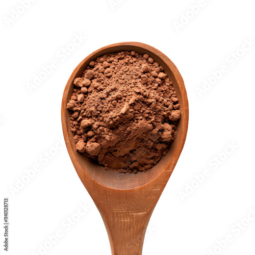 Cocoa Powder in Wooden Spoon, isolated on a transparent background. PNG element.