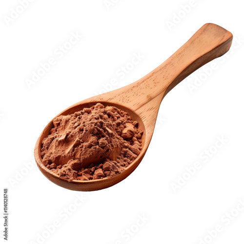 Cocoa Powder in Wooden Spoon, isolated on a transparent background. PNG element.