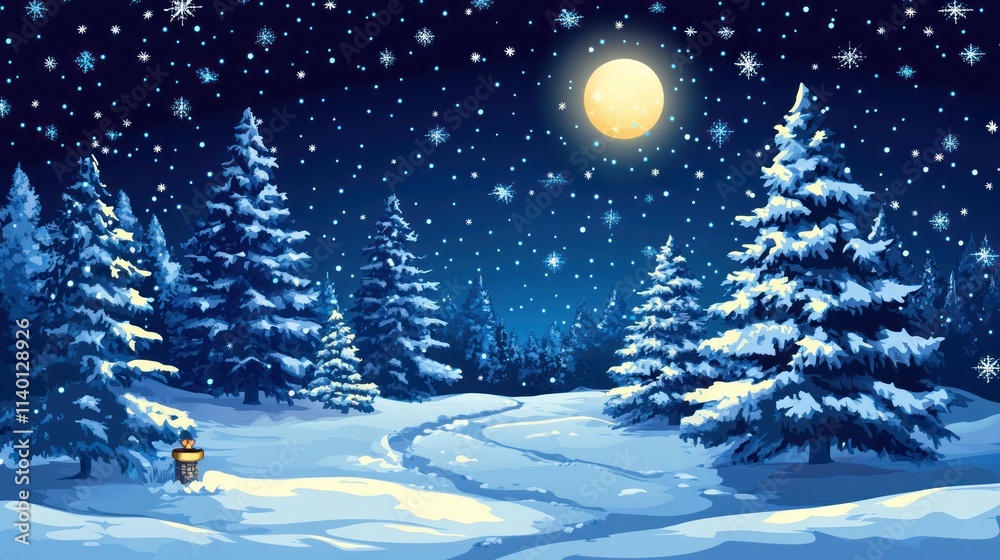 Snowy forest path under a full moon on a starry night. Snowy forest path under a full moon on a starry night.