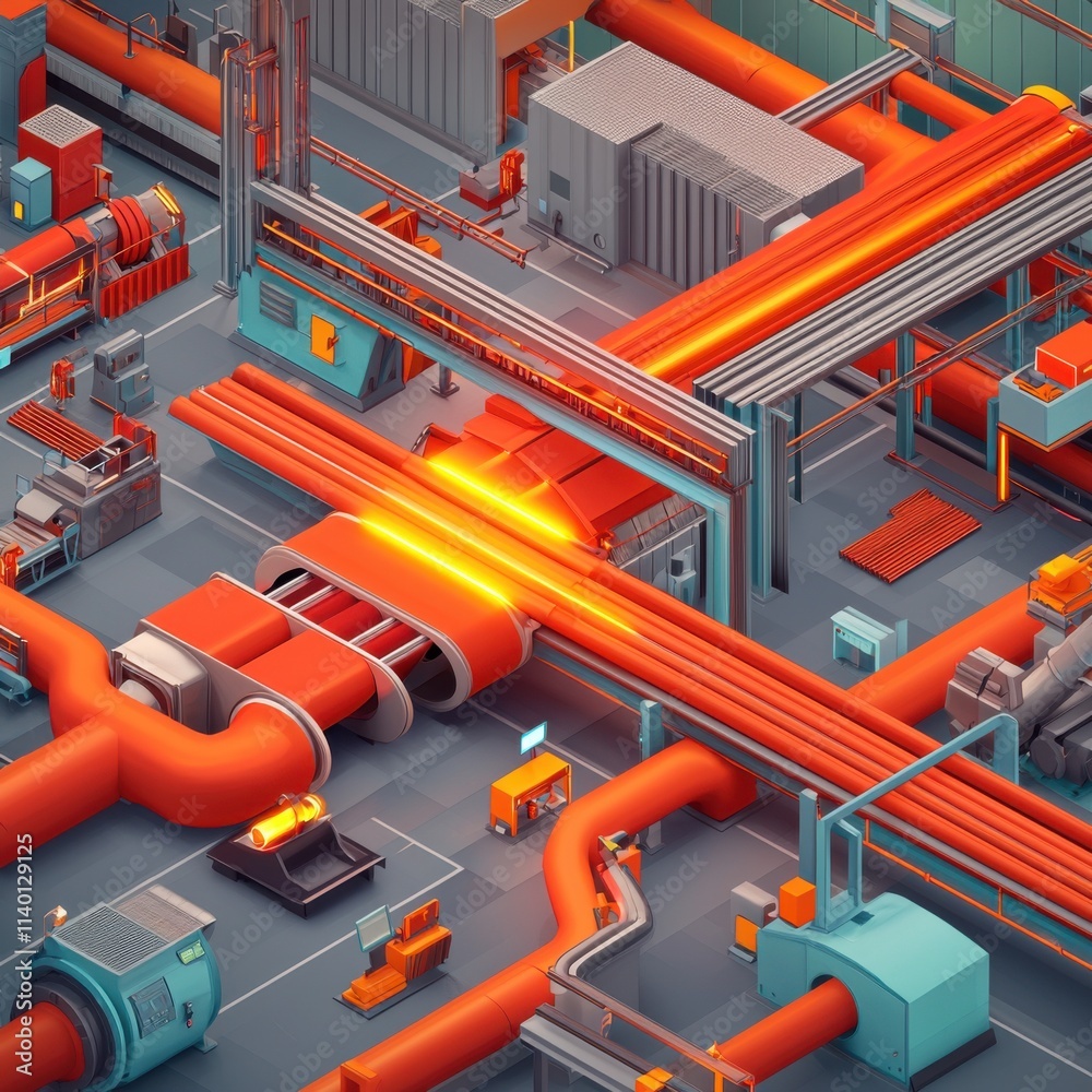 High-Tech Isometric 3D Illustration of Steel Manufacturing Process with Pipes and Equipment High-Tech Isometric 3D Illustration of Steel Manufacturing Process with Pipes and Equipment