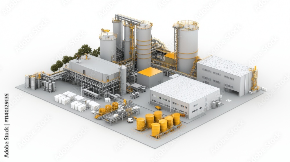 Isometric 3D View of a Modern Steel Industry Plant with Yellow Accents and Detailed Structures Isometric 3D View of a Modern Steel Industry Plant with Yellow Accents and Detailed Structures