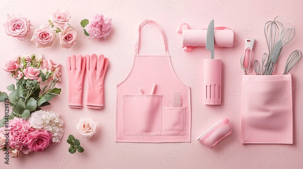 Soft pastel colored flat lay image featuring an arrangement of various kitchen textiles and accessories such as mittens oven gloves and aprons on a muted background Showcases a cozy minimalist Soft pastel colored flat lay image featuring an arrangement of various kitchen textiles and accessories such as mittens oven gloves and aprons on a muted background Showcases a cozy minimalist