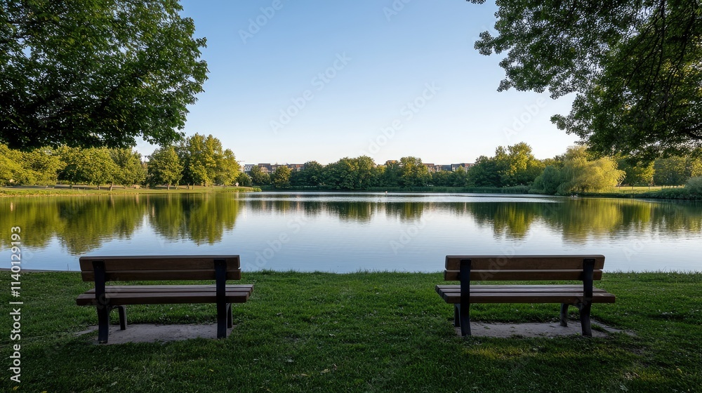 A peaceful fishing lake invites relaxation as wooden benches overlook the water, embraced by greenery under a bright blue summer sky A peaceful fishing lake invites relaxation as wooden benches overlook the water, embraced by greenery under a bright blue summer sky