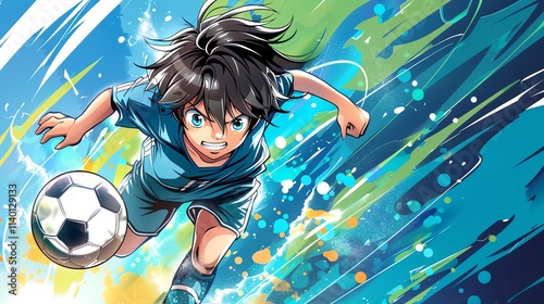 A young boy with brown hair and blue eyes playing soccer in an anime style illustration.