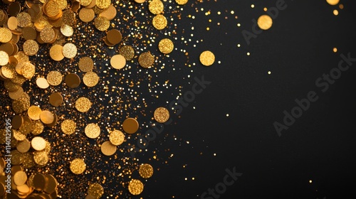 Abstract luxury swirling Gold liquid Gold waves texture A dazzling array of golden coins and glitter against a dark backdrop, creating a festive and luxurious atmosphere.