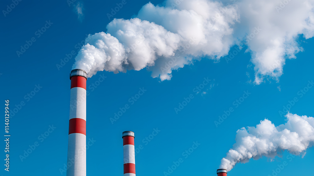 Nuclear Power plant station. Cooling towers blowing steam in blue air Nuclear Power plant station. Cooling towers blowing steam in blue air