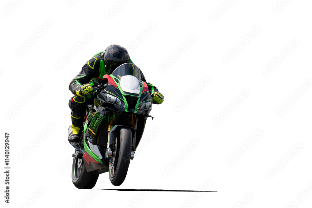 Front view of a rider on a black-green motorcycle doing wheelie. Isolated on transparent background. Front view of a rider on a black-green motorcycle doing wheelie. Isolated on transparent background.