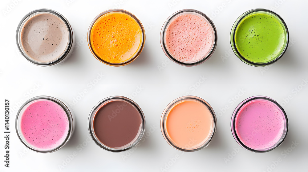 Protein shakes of different flavors in glasses top view isolated on white Protein shakes of different flavors in glasses top view isolated on white