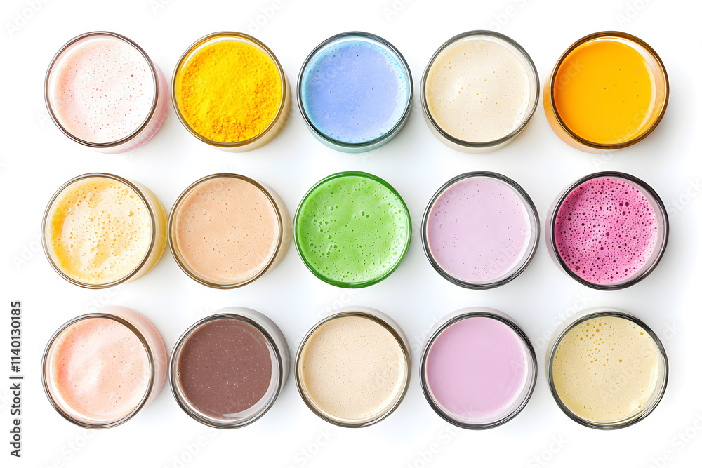 Protein shakes of different flavors in glasses top view isolated on white Protein shakes of different flavors in glasses top view isolated on white