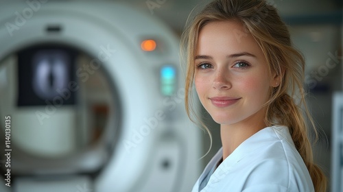A smiling woman in a lab coat stands near a medical imaging machine.