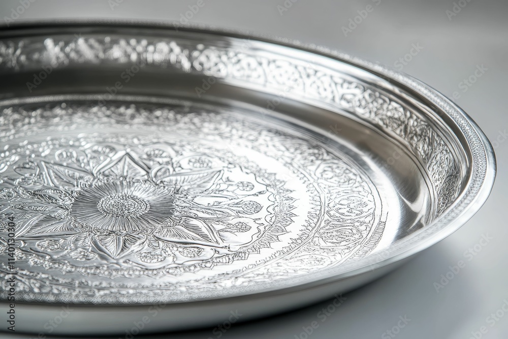 Ornate silver platter, intricately etched floral design. Ornate silver platter, intricately etched floral design.