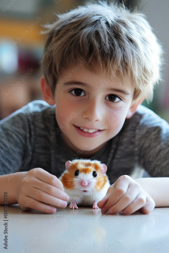 Smiling child holding a hamster at home Smiling child holding a hamster at home