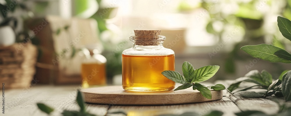 Small glass jar with cork lid containing golden liquid sits on wooden surface with fresh mint sprig Small glass jar with cork lid containing golden liquid sits on wooden surface with fresh mint sprig
