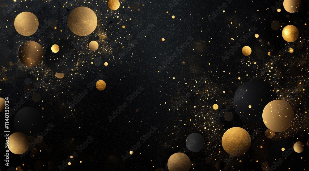 Black and gold background with circles, spheres, and circular shapes, a black matte surface