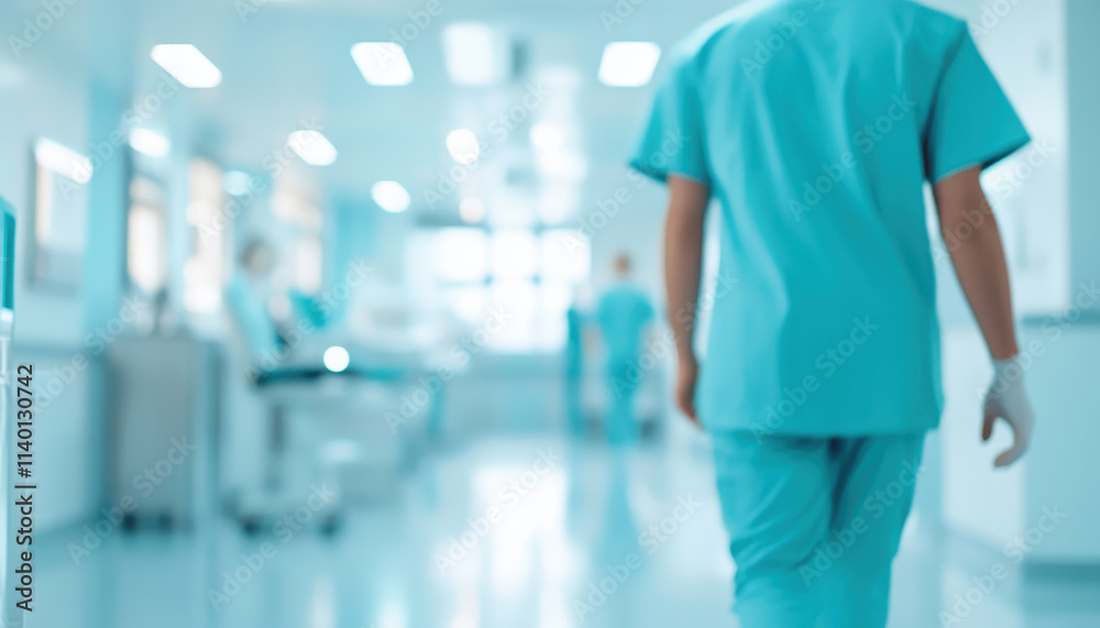 healthcare professional in scrubs walks through modern hospital corridor, showcasing clean and sterile environment. blurred background emphasizes focus on medical staff healthcare professional in scrubs walks through modern hospital corridor, showcasing clean and sterile environment. blurred background emphasizes focus on medical staff
