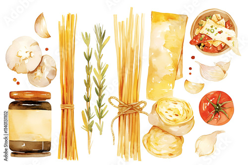 Savor the essence of Italian cuisine with this watercolor illustration featuring pasta, herbs