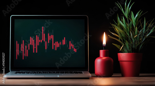 ETF Inflows concept. laptop displaying red ETF inflow charts beside candle and plant
