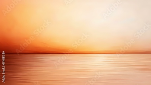 The image shows a serene landscape painting of a calm body of water under an orange sunset sky.  A hazy horizon line separates the water from distant  indistinct land.