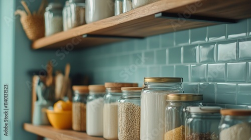 Minimalist image showcasing a tidy arrangement of glass jars filled with various flours sugars and grains neatly organized on a wooden kitchen shelf