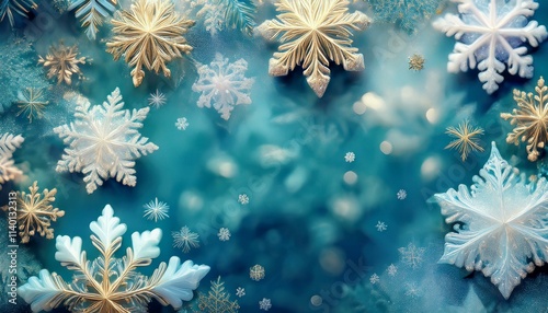 Backdrop, banner, pattern of glistening snowflakes dance, light teal and gold unite, creating an ethereal winter canvas, captivating hearts with nature's artistry