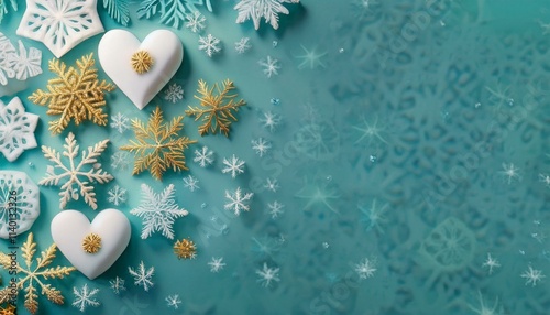 Backdrop, banner, pattern of glistening snowflakes dance, light teal and gold unite, creating an ethereal winter canvas, captivating hearts with nature's artistry