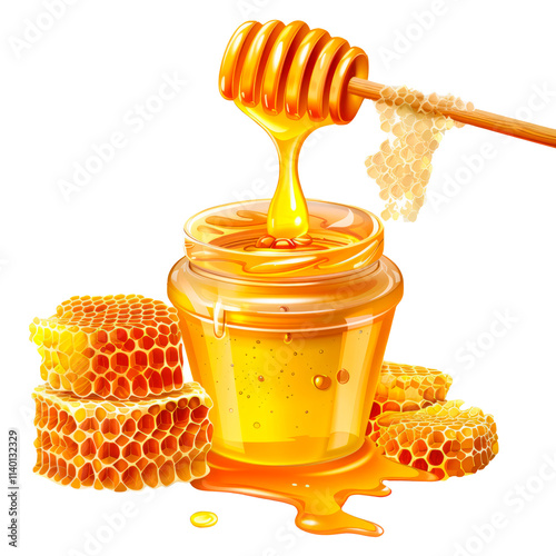 Collection of honey jar and stick with liquid honey. Isolated on transparent background. PNG element.