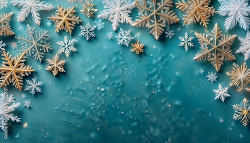Backdrop, banner, pattern of glistening snowflakes dance, light teal and gold unite, creating an ethereal winter canvas, captivating hearts with nature's artistry
