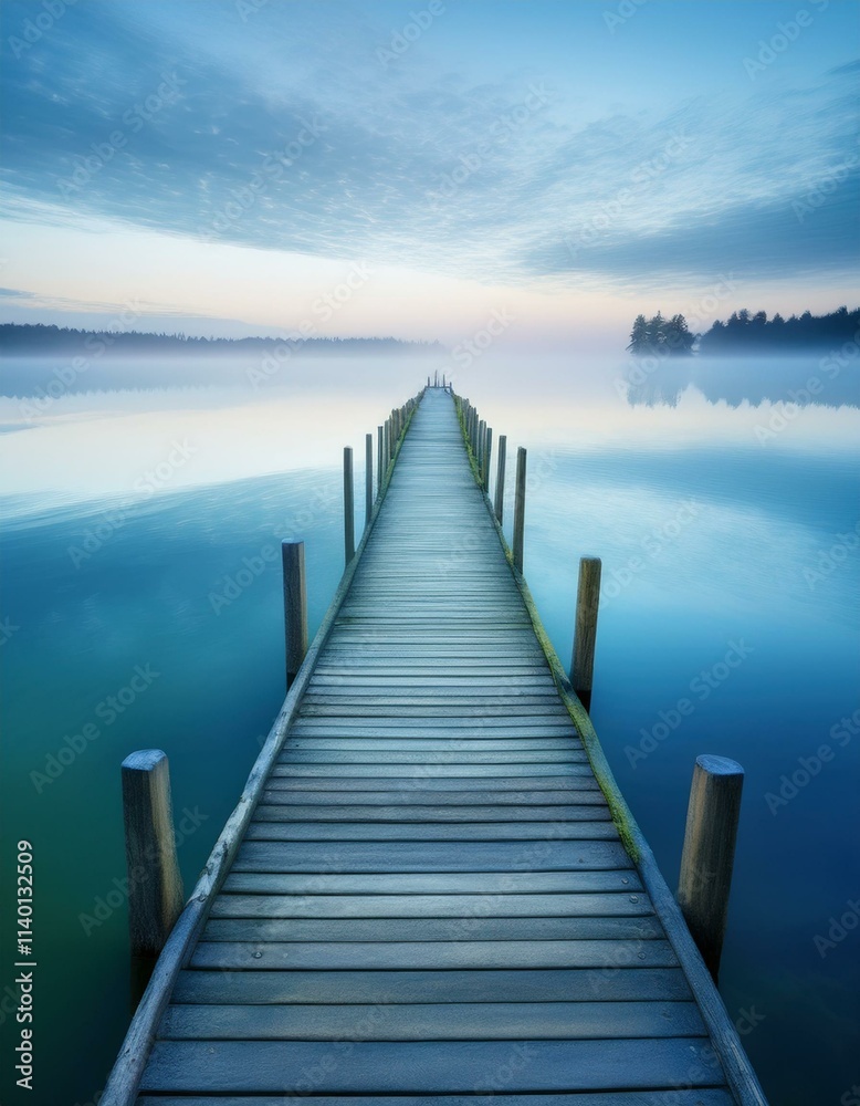Fototapeta premium a serene pier stretching into a misty blue lake at dawn, postcard