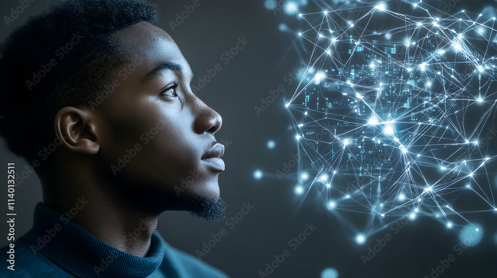 Young Black man gazes intently at a futuristic network visualization, contemplating digital connections and innovation. Young Black man gazes intently at a futuristic network visualization, contemplating digital connections and innovation.