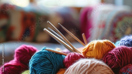 A cozy knitting circle with knitting needles and colorful yarn skeins, Knitters crafting blankets and scarves, Craft hobbyist style photo