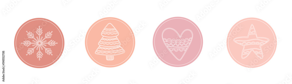 Obraz premium Set of Christmas stickers with Christmas tree, snowflake, star, heart in pink circle on white background in doodle style. Lace New Year elements for package design.