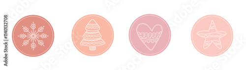 Set of Christmas stickers with Christmas tree, snowflake, star, heart in pink circle on white background in doodle style. Lace New Year elements for package design.