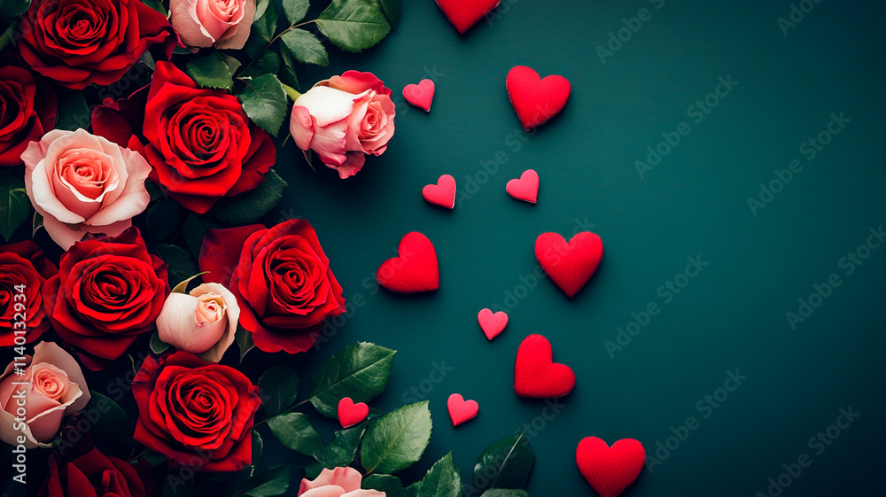 A vibrant arrangement of red and pink roses, a Valentine's Day-inspired background, captured in a flat lay photography style, viewed from above. 