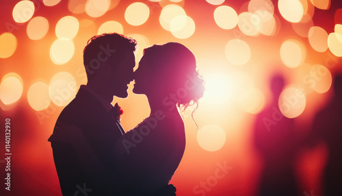 romantic first dance moment at wedding reception, capturing love and joy in beautiful silhouette against vibrant bokeh background