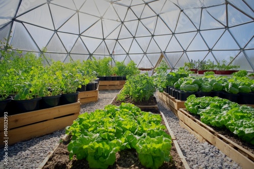 Indoor garden; plants grow in geodesic dome.