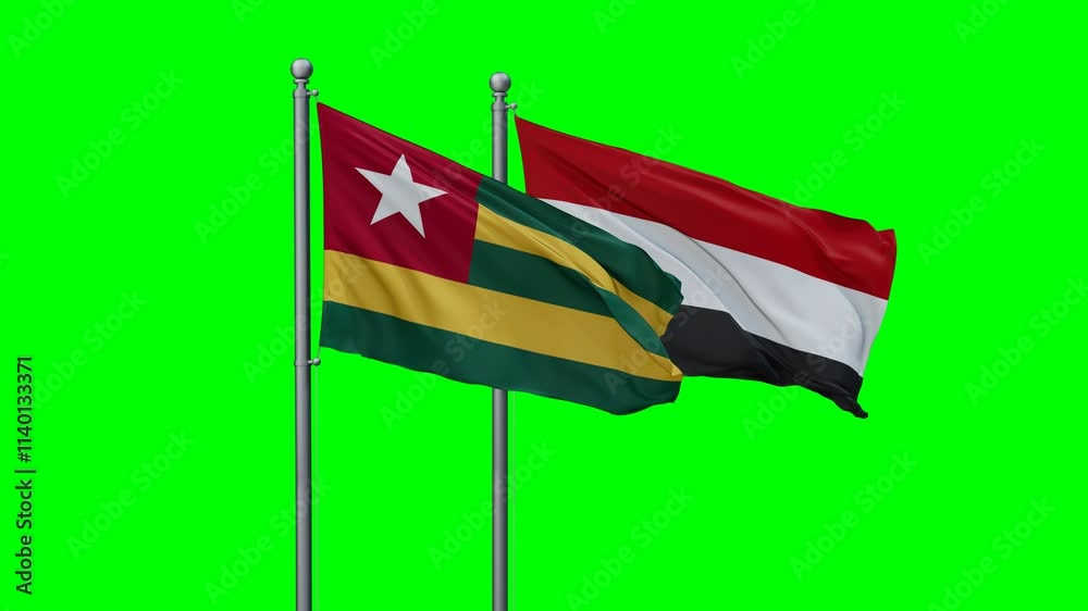Yemen and Togo flags flying together, video concept of the relationship with colored chroma key for easy background remove, two country cooperation concept Yemen and Togo flags flying together, video concept of the relationship with colored chroma key for easy background remove, two country cooperation concept