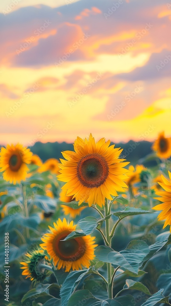 Obraz premium Sunflower field at sunset, an impressionist-style painting, with warm colors and soft brushstrokes, depicting the golden hues of sunflowers against an open sky