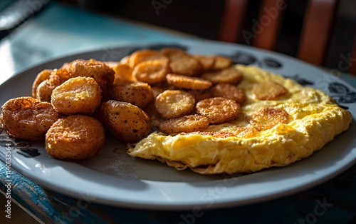A plate featuring an omelette and golden, crispy potato rounds.