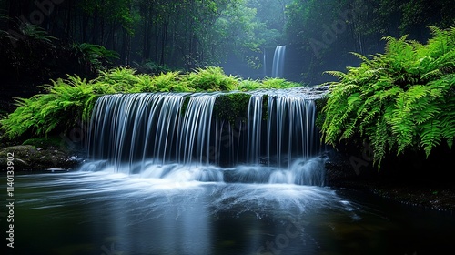 Lush Tropical Rainforest Waterfall Cascading Over Moss Covered Rocks in a Dense Jungle Landscape