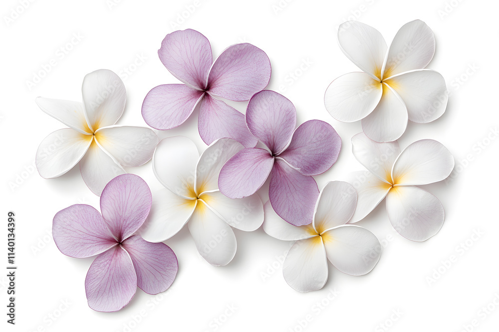 White frangipani flowers top view isolated on white background White frangipani flowers top view isolated on white background