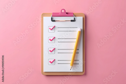 3d paper clipboard task management todo check list with pencil fast work on project plan fast progress level up concept 3d pencil note exam paper checklist icon 3d vector render pink background