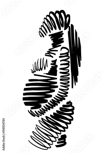 Pregnant woman touching her belly, abstract vector freehand drawing, female body