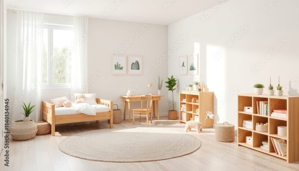 Fototapeta premium Scandinavian Style - Children's Room Interior Design With Scandinavian Concept - Hotel Children's Room - Apartment Children's Room Interior With Bed - Interior Design