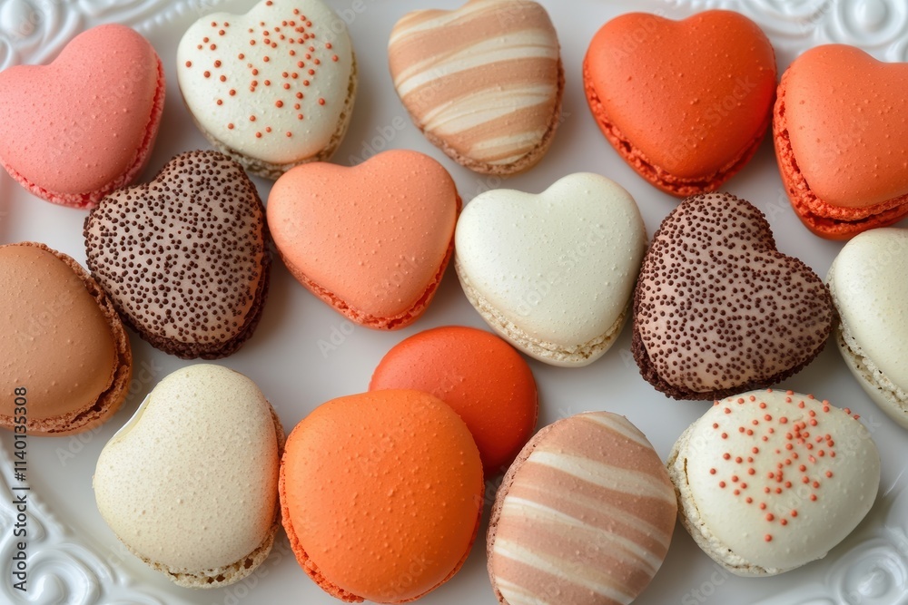Plate of heart-shaped pastries with different colors and sprinkles. Concept of warmth and sweetness, as the heart-shaped pastries are decorated with colorful sprinkles and frosting Plate of heart-shaped pastries with different colors and sprinkles. Concept of warmth and sweetness, as the heart-shaped pastries are decorated with colorful sprinkles and frosting