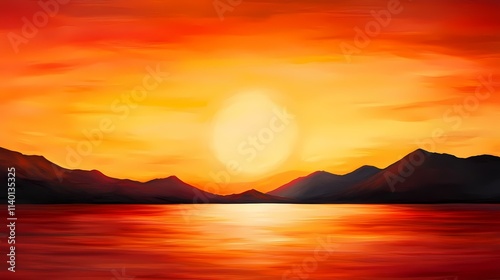 A fiery sunset casts an orange glow over a calm lake, silhouetting a range of dark mountains on the horizon.