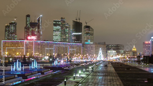 View from Poklonnaya Hill business center Moscow City timelapse hyperlapse. Russia, Moscow photo