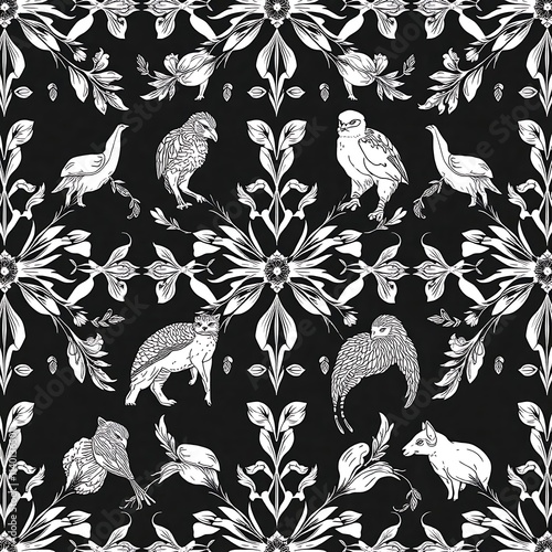 Nocturnal Birds and Floral Damask: Elegant black and white pattern featuring owls, birds, and floral motifs in a repeating damask design. Perfect for textile, wallpaper, and surface design projects.  photo