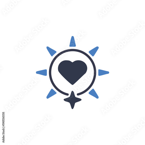 Heart sunburst shine. Bright sun radiates warmth love.  Positive energy symbol.
